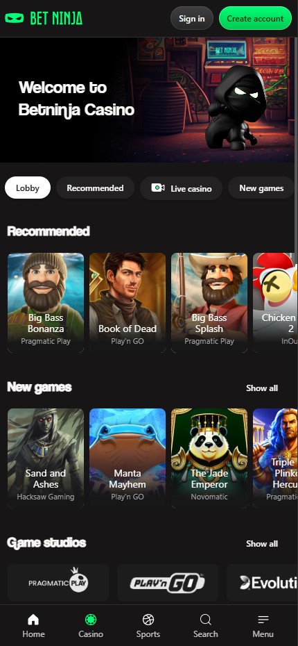 BetNinja mobile lobby